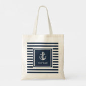 Scheepsnaam Nautisch Anker Touw Marineblauw Gestre Tote Bag (Achterkant)