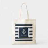 Scheepsnaam Nautisch Anker Touw Marineblauw Gestre Tote Bag (Voorkant)