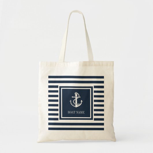 Scheepsnaam Nautisch Anker Touw Marineblauw Gestre Tote Bag (Voorkant)
