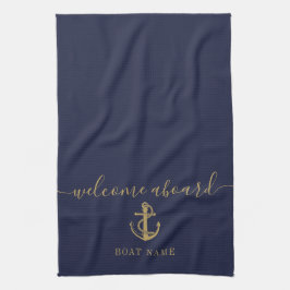 Scheepsnaam Navy Blauw Goud Welkom Aan Boord Theedoek