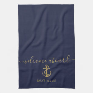 Scheepsnaam Navy Blauw Goud Welkom Aan Boord Theedoek