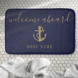Scheepsnaam Navy Blauwe Gouden Welkom Aan Boord Badmat
