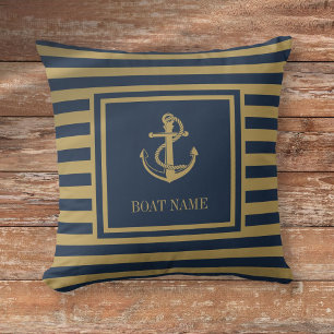 Scheepsnaam Navy Blue En Goud Gestreepte Kussen