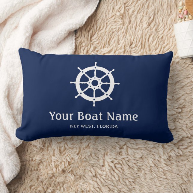 Scheepsnaam op maat in marineblauw en wit kussen (Deken)