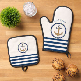 Scheepsnaam, Retro Anker Marineblauw Gestreepd Ovenwant & Pannenlap Set