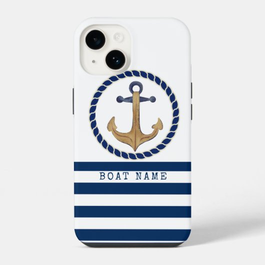 Scheepsnaam, Retro Anker Marineblauw iPhone Hoesje (Achterkant)