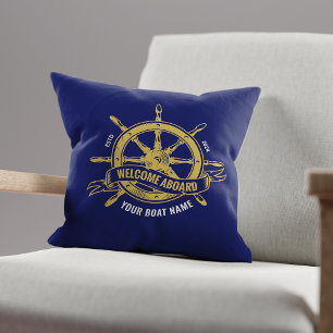 Scheepsstuur Welkom aan Boord Navy Blauw Goud Kussen