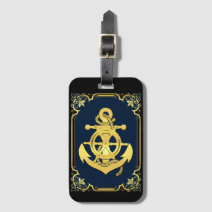 Scheepsstuurwiel/anker marineblauw/goud    bagagelabel