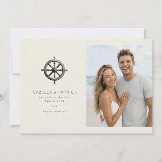 Scheepsstuurwiel in marineblauw save the date (Voorkant)