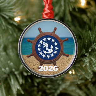 Scheepsstuurwiel, Jachtvlag, Zand, Zee, Lucht Metalen Ornament