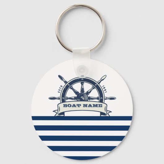 Scheepsstuurwiel, marineblauw witte strepen sleutelhanger (Voorkant)