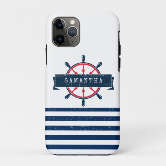 Scheepsstuurwiel, marineblauwe strepen Case-Mate iPhone case (Achterkant)