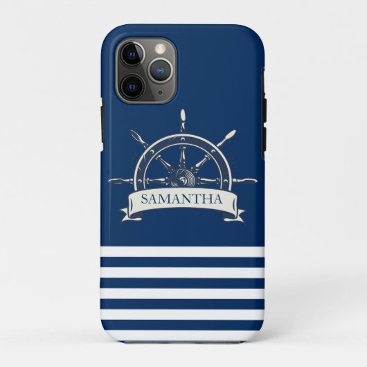 Scheepsstuurwiel, marineblauwe strepen Case-Mate iPhone case (Achterkant)