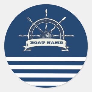 Scheepsstuurwiel, marineblauwe strepen ronde sticker