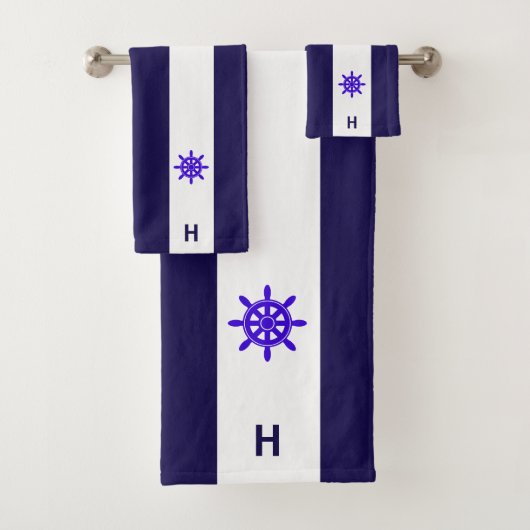 Scheepsstuurwiel & monogram op blauw & wit bad handdoek (Insitu)