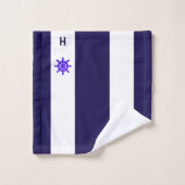 Scheepsstuurwiel & monogram op blauw & wit bad handdoek (Wasdoekje)