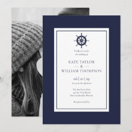 Scheepsstuurwiel Navy Blauwe Trouwfoto Kaart