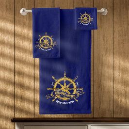 Scheepsstuurwiel Welkom aan boord Navy Blauwe Goud Bad Handdoek