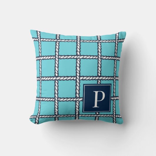 Scheepstouw Weefsel – Turquoise Kust Monogram Kussen (Voorkant)