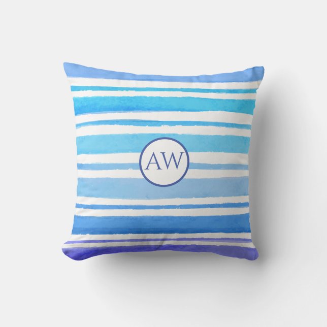 Scheepswaterverf Zee Blauw Streep Monogram Kussen (Voorkant)