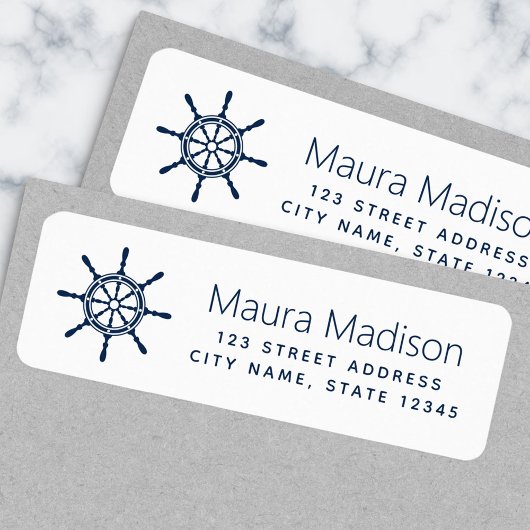 Scheepswiel donkerblauw wit retouretiket etiket