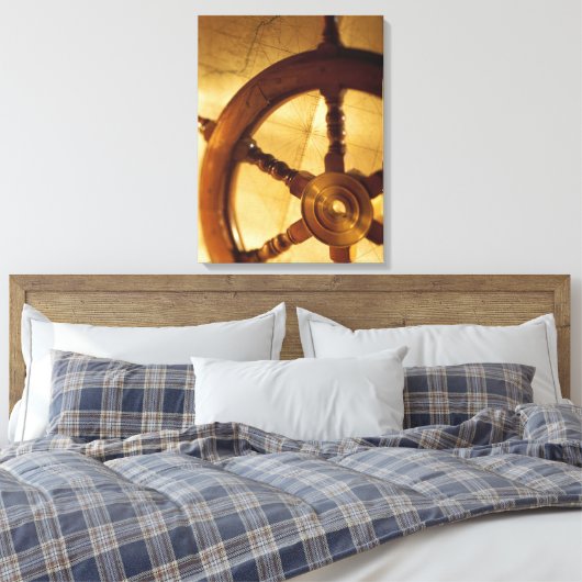 Scheepswiel en -kaart canvas afdruk (Insitu (Slaapkamer))