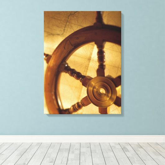 Scheepswiel en -kaart canvas afdruk (Insitu (Houten vloer))
