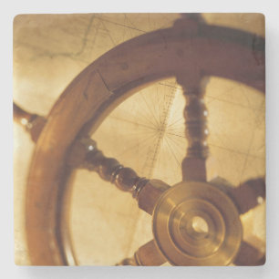 Scheepswiel en -kaart stenen onderzetter