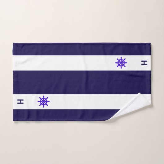 Scheepswiel en monogram op blauw & wit bad handdoek (Handdoek)