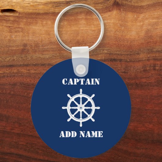 Scheepswiel Helm Kapitein of naam boot Navy Blue Sleutelhanger (Voorkant)