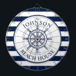 Scheepswiel met Nautical Threaded Beach House Dartbord<br><div class="desc">Een volledig aanpasbaar en leuk dartboard met een uniek nautisch thema. Het is voorzien van een in het midden gecentreerd scheepswiel in een levendige marine en witte kleurenpatroon. Alle elementen zijn geopend en verstelbaar als u veranderingen moet aanbrengen.  Veel plezier om creatief te zijn en het zelf te maken.</div>