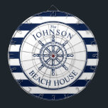 Scheepswiel met Nautical Threaded Beach House Dartbord<br><div class="desc">Een volledig aanpasbaar en leuk dartboard met een uniek nautisch thema. Het is voorzien van een in het midden gecentreerd scheepswiel in een levendige marine en witte kleurenpatroon. Alle elementen zijn geopend en verstelbaar als u veranderingen moet aanbrengen.  Veel plezier om creatief te zijn en het zelf te maken.</div>