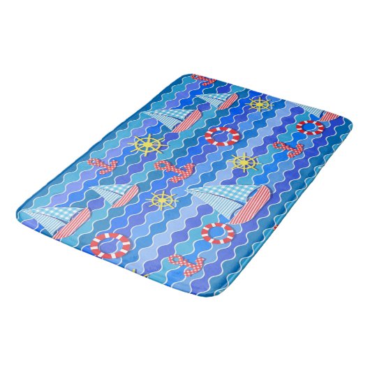 Scheepswiel met zeegolfrood blauw ankerschip badmat (Gekanteld)