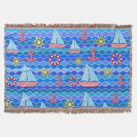 Scheepswiel met zeegolfrood blauw ankerschip deken (Voorkant)