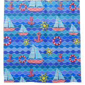 Scheepswiel met zeegolfrood blauw ankerschip douchegordijn (Voorkant)