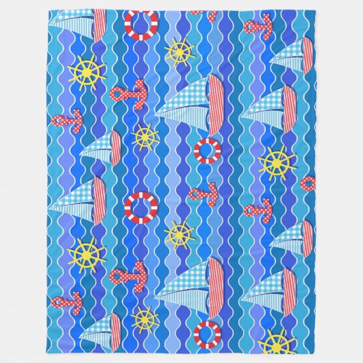 Scheepswiel met zeegolfrood blauw ankerschip fleece deken (Voorkant)