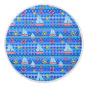 Scheepswiel met zeegolfrood blauw ankerschip keramische knop (Voorkant)
