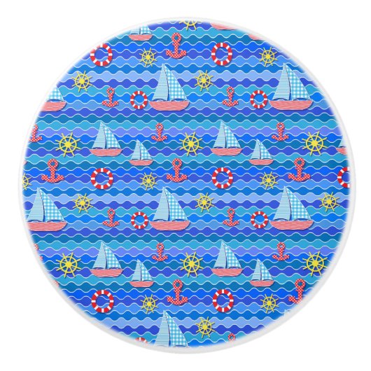 Scheepswiel met zeegolfrood blauw ankerschip keramische knop (Voorkant)