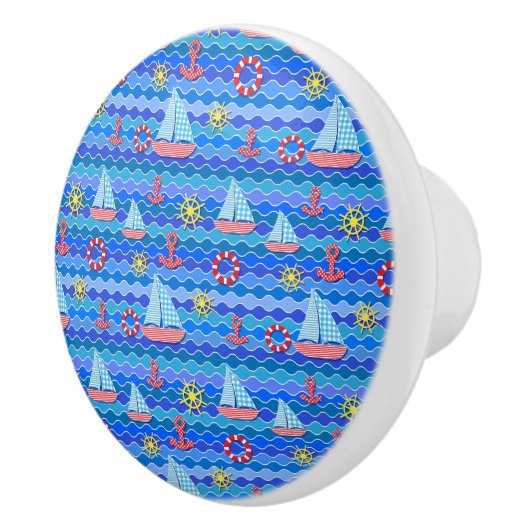 Scheepswiel met zeegolfrood blauw ankerschip keramische knop (Rechts)