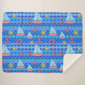 Scheepswiel met zeegolfrood blauw ankerschip sherpa deken (Voorkant (horizontaal))