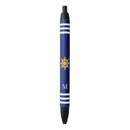 Scheepswiel & monogram op blauwe achtergrond zwarte inkt pen