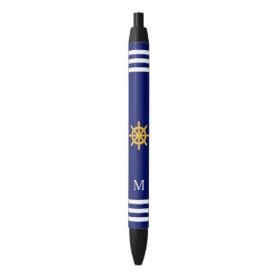 Scheepswiel & monogram op blauwe achtergrond zwarte inkt pen