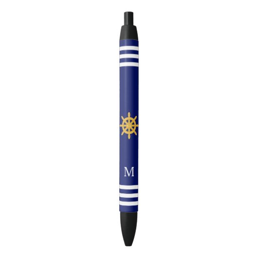 Scheepswiel & monogram op blauwe achtergrond zwarte inkt pen (Voorkant Verticaal)