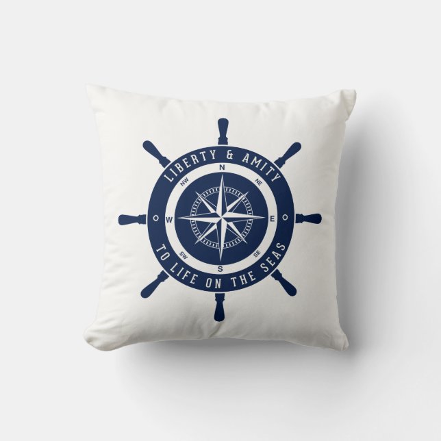 Scheepswiel, Nautical Star - Blauw, Wit - Nautisch Kussen (Voorkant)