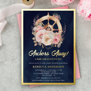 Scheepswiel Nautisch Meisje Baby Shower Navy Goud Folie Uitnodiging