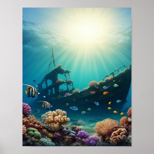Scheepswrak onder water op een rif poster (Voorkant)