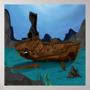Scheepswrak onder water poster