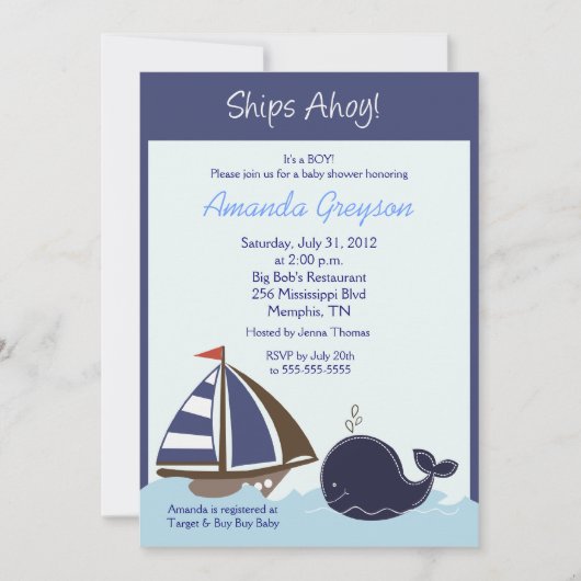 Scheepvaart Ahoy Blue Whale 5x7 Baby shower Invita Kaart (Voorkant)