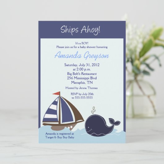 Scheepvaart Ahoy Blue Whale 5x7 Baby shower Invita Kaart (Staand voorkant)