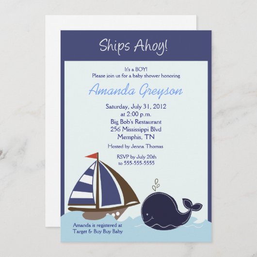 Scheepvaart Ahoy Blue Whale 5x7 Baby shower Invita Kaart (Voorkant / Achterkant)